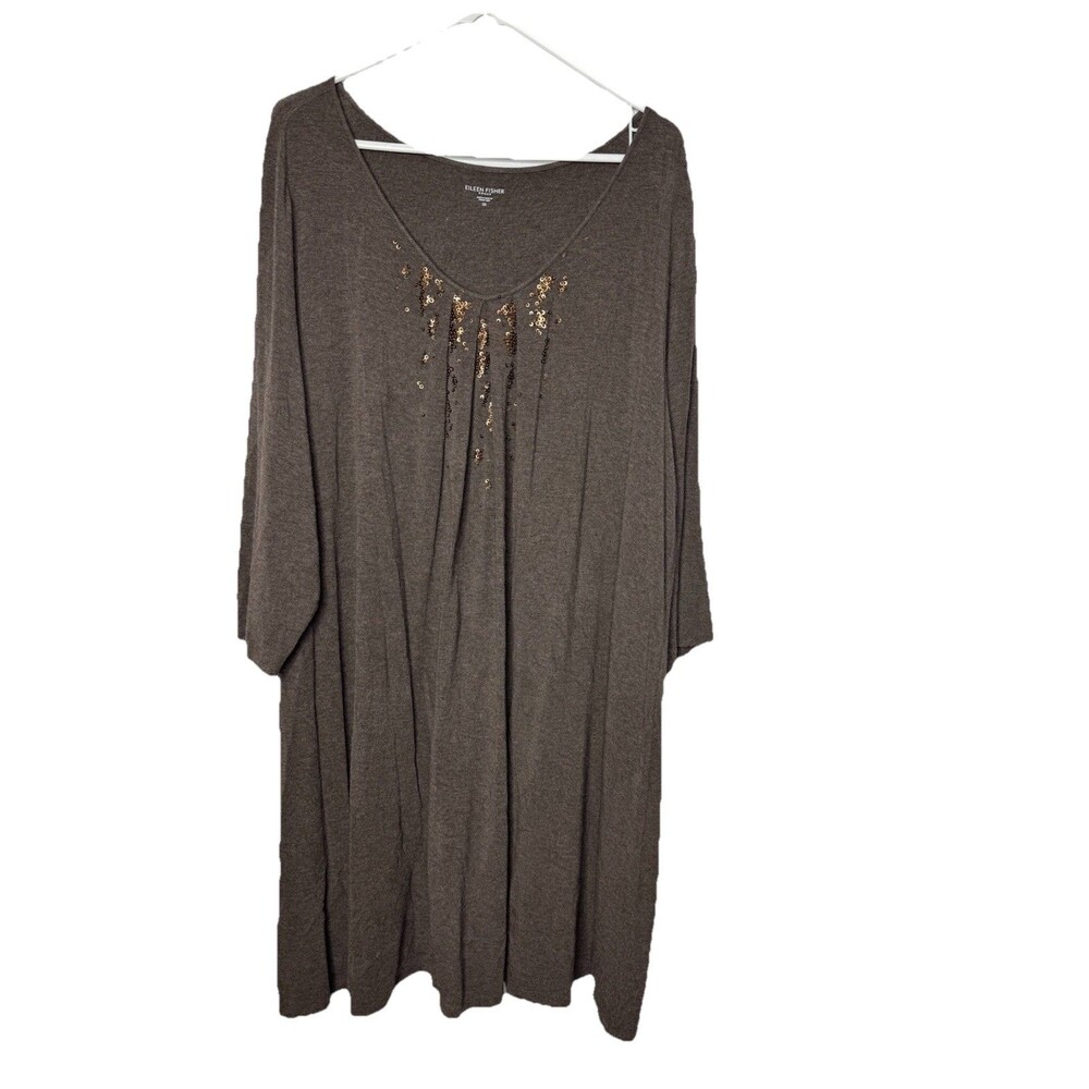 Eileen Fisher Baby Doll Tunic Long Top Brown Beaded Sequins Size 2X